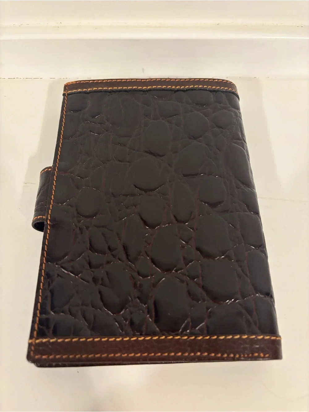 Croc Embossed Clutch/Wallet Snap Closure Dark Brown Orange Stitching 4.25 x 6”